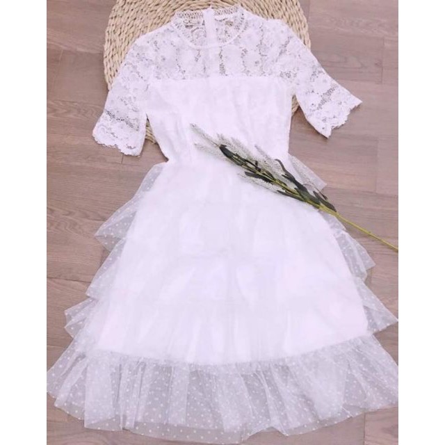 Đầm ulzzang phối ren nhiều tầng tay lửng | BigBuy360 - bigbuy360.vn