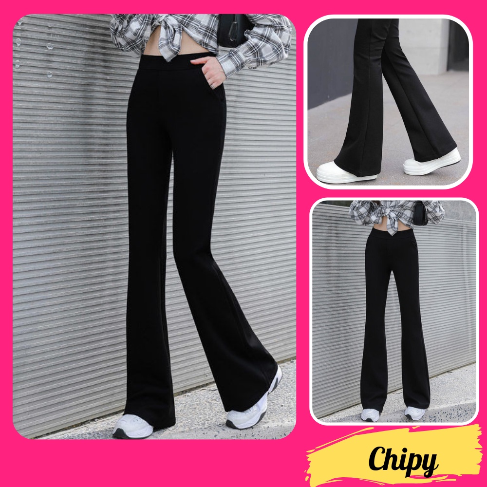 Quần Ống Loe Nữ CHIPY Màu Đen Lưng Cạp Cao Dáng Dài Công Sở Co Giãn 4 Chiều Chất Thun Cao Cấp Legging Ôm Siêu Tôn Dáng