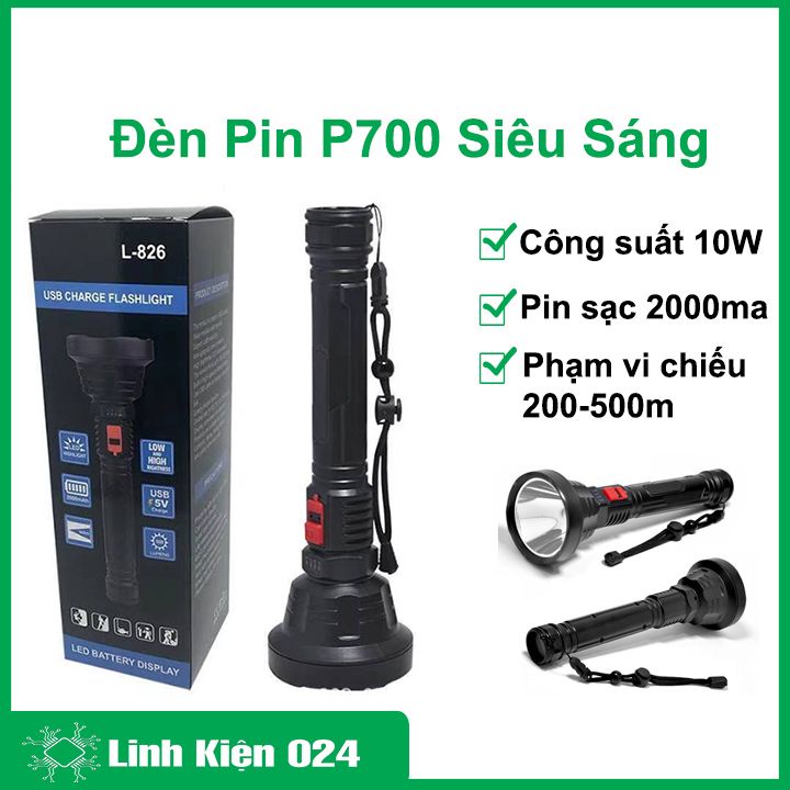 Đèn Pin LED Siêu Sáng P700 Công Suất 10W Đèn Pin Gắn Trong 18650 USB Chống Nước Đèn Cắm Trại