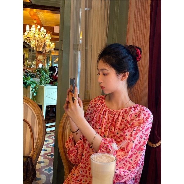 Đầm Suông Cổ Tròn Tay Phồng Váy Hoa Dáng Suông Thời Trang Thanh Lịch Phong Cách Hàn Quốc