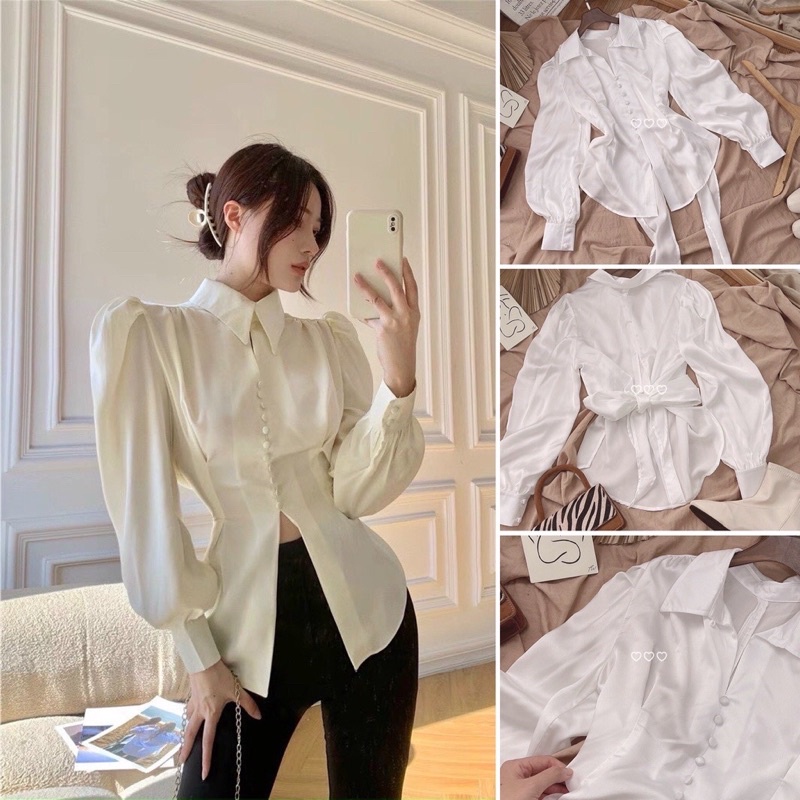 Áo sơ Mi Lụa, Áo sơ mi Nữ kiểu dáng công sở dài tay nút bọc lụa buộc cột nơ sau freesize đủ màu