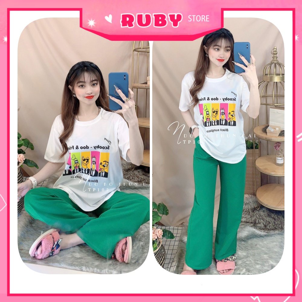 Đồ bộ thun quần dài ống suông cho nữ mặc nhà chất thun mềm mát in hình hoạt hình dễ thương TP102