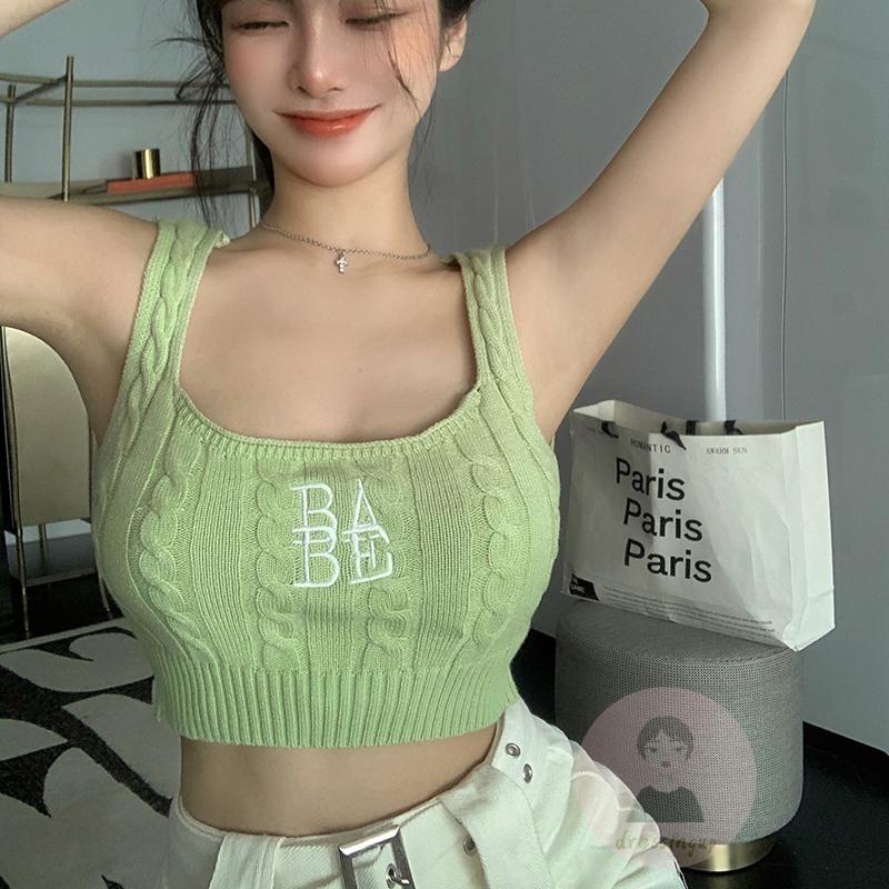 Áo Tank Top Nữ Cổ Chữ U Thêu Chữ Màu Xanh Lá / Trắng / Đỏ / Đen