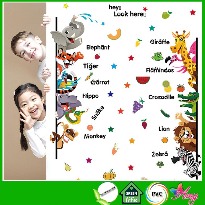 Decan dán tường cho bé yêu vườn thú tiếng anh 4 Amyshop - chất liệu PVC cao cấp, bền đẹp