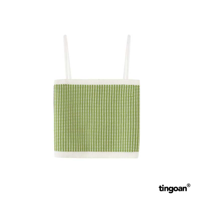 TINGOAN® - Áo set len xù cardigan lửng tặng kèm quây 2 dây kẻ caro xanh nhỏ vai bồng tingoan LOULOU CARDIGAN/GREEN