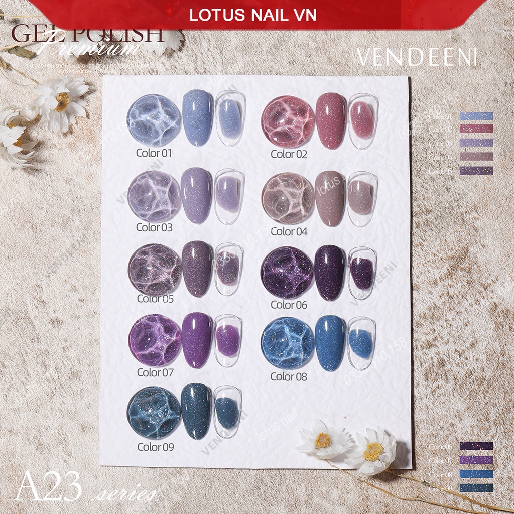 Set sơn gel 9 màu nhũ giả bột cao cấp Vendeeni mã A23 tặng kèm bảng màu