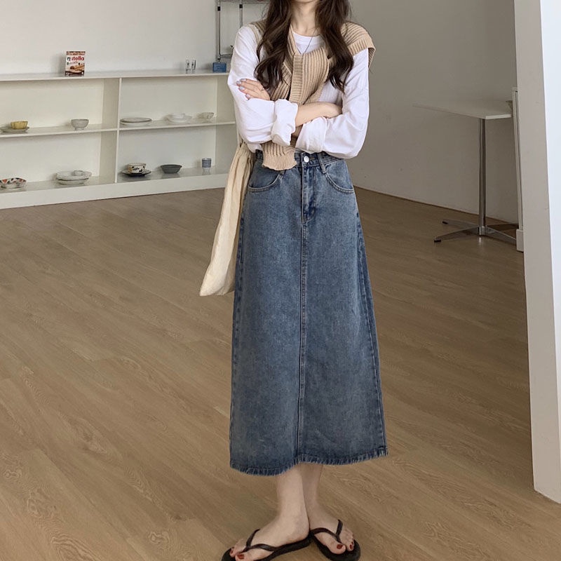 Chânváy jean chữ A dài qua gối xẻ tà phong cách retro Hàn Quốc cho nữ