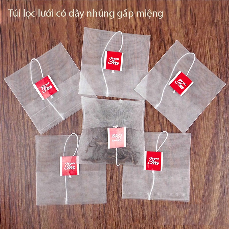 Túi lọc trà, thảo dược có dây nhúng Gấp Miệng, chất liệu loại Lưới an toàn, lọc thảo dược trà, 100 túi/sp - HVL TEA