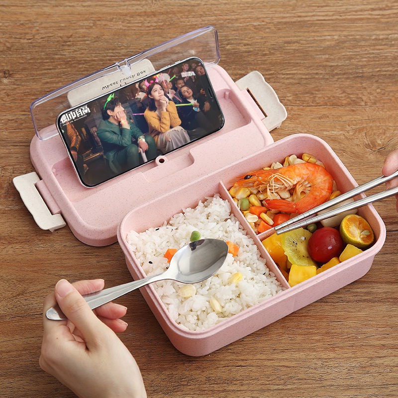 Hộp đựng cơm, hộp cơm văn phòng lúa mạch 3 ngăn kèm muỗng inox xịn xò