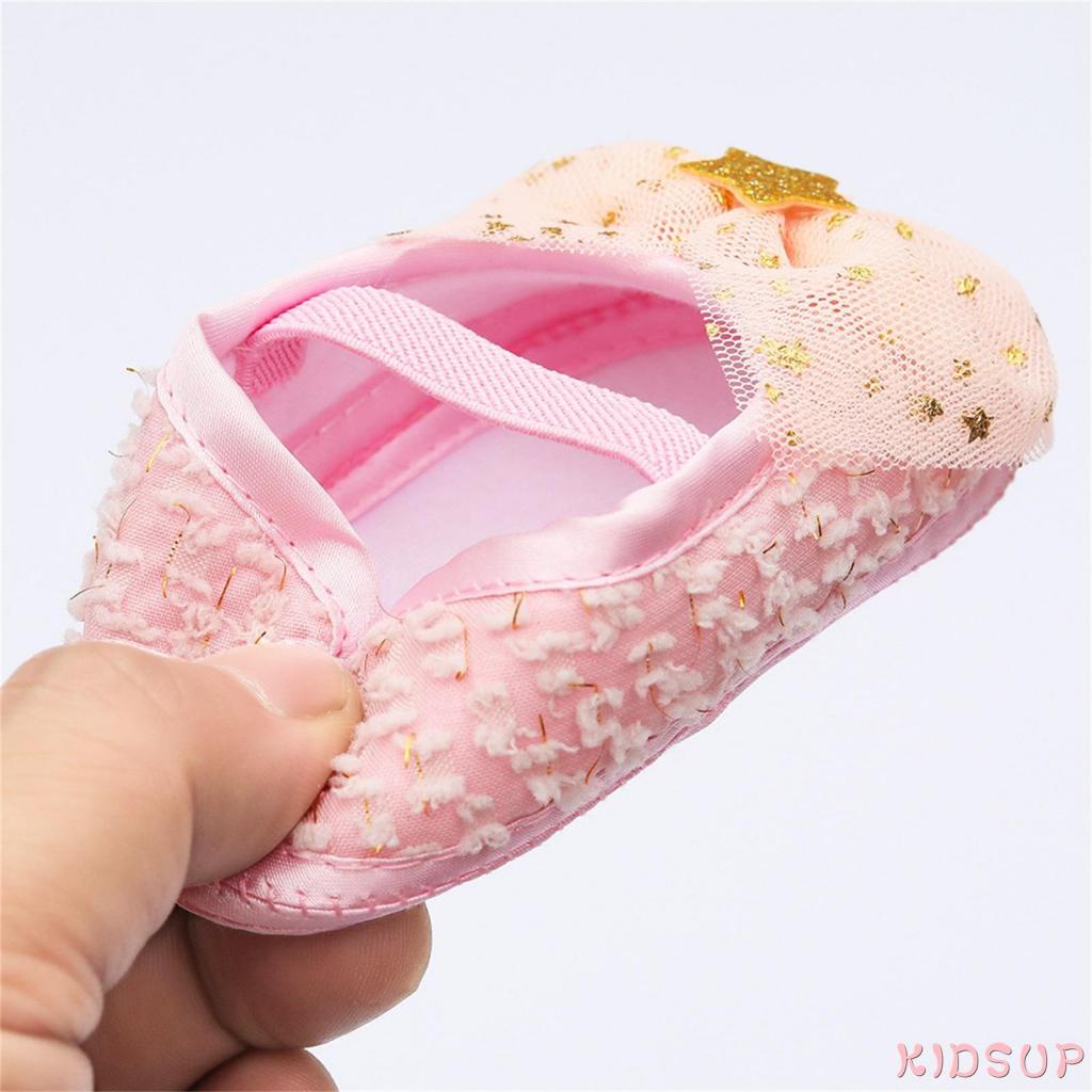 Giày Vải Cotton Phối Lưới Đính Nơ Đính Kim Sa Ngôi Sao Lấp Lánh Trang Trí Cho Bé 1 Tuổi