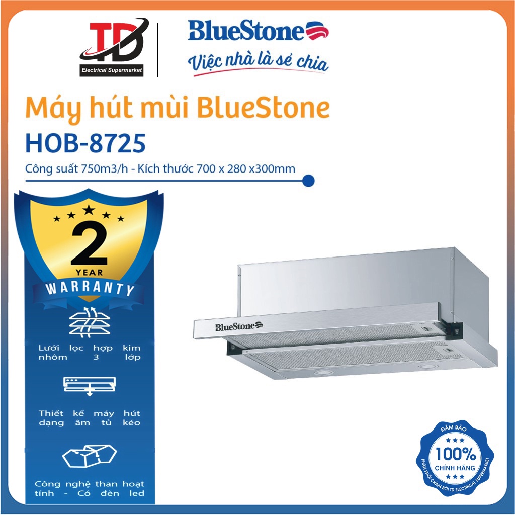 Máy hút mùi âm tủ BlueStone HOB-8725 Công suất hút 750 m³/h - Bảo hành 2 năm