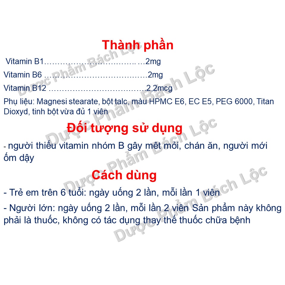 Viên uống Trivitamin B1,B6,B12 hỗ trợ giảm đột quỵ, tăng hệ miễn dịch, đẹp da, đẹp tóc