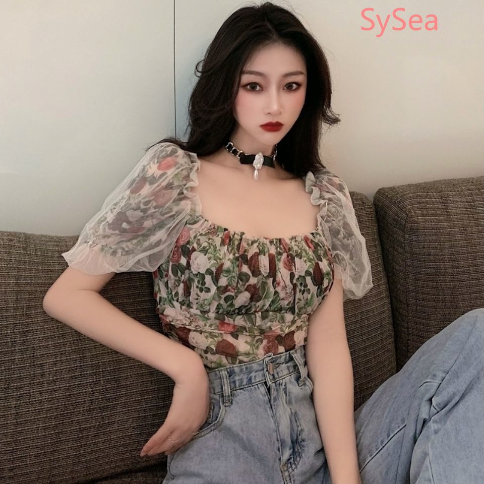 Áo Croptop Tay Phồng Phối Lưới In Họa Tiết Hoa Phong Cách Retro