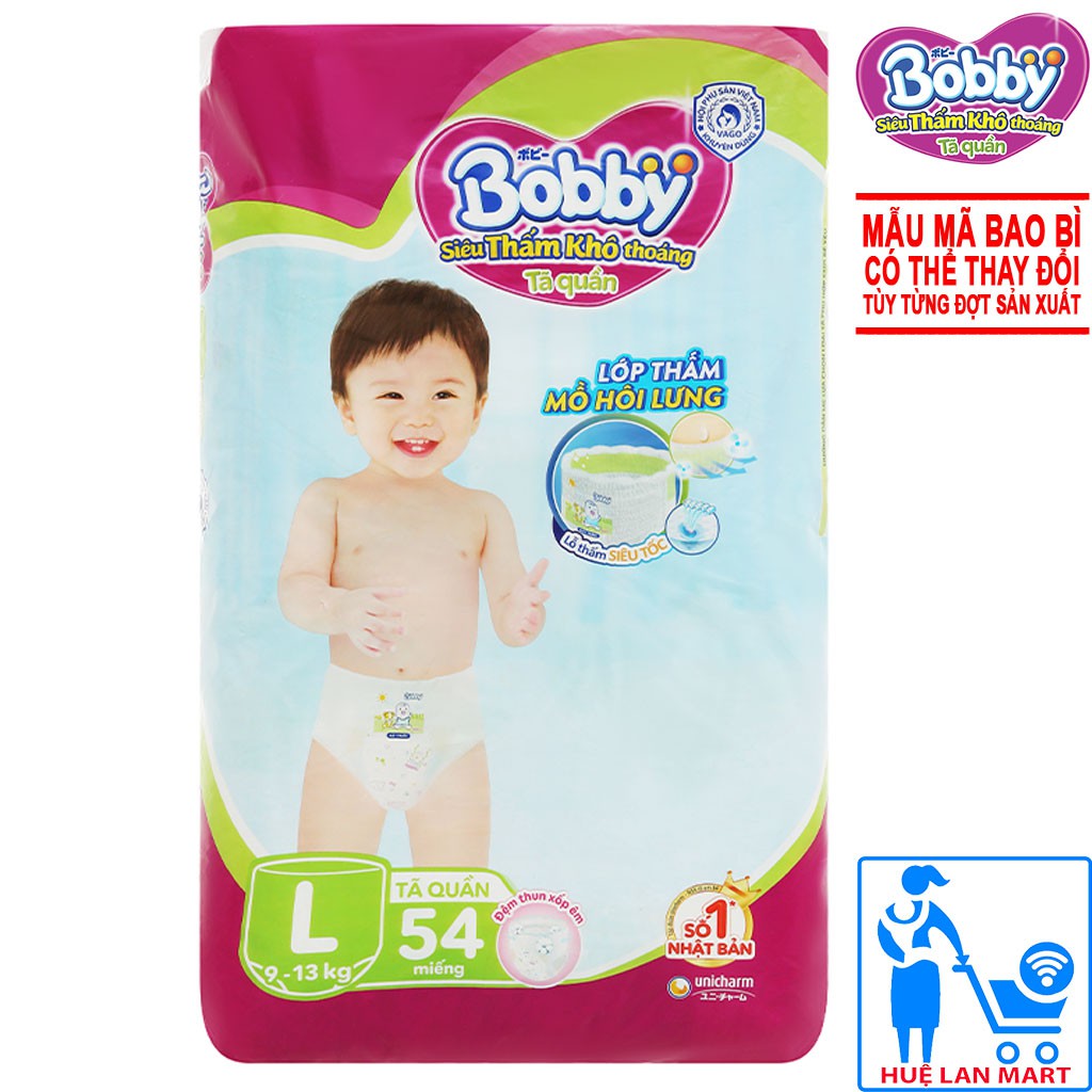 [CHÍNH HÃNG] Bỉm - Tã Quần Bobby Siêu Thấm Khô Thoáng Size L54 (Lớp thấm mồ hôi lưng, cho bé 9-13kg)