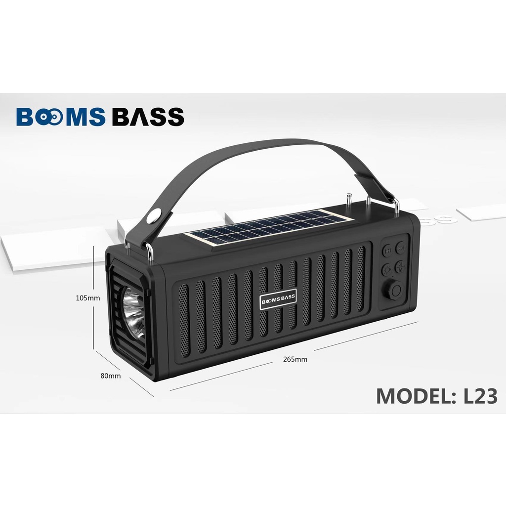 Loa Bluetooth Booms Bass L23 tích hợp đèn pin sử dụng pin năng lượng mặt trời, Pin trâu âm Bass siêu trầm, Đài FM