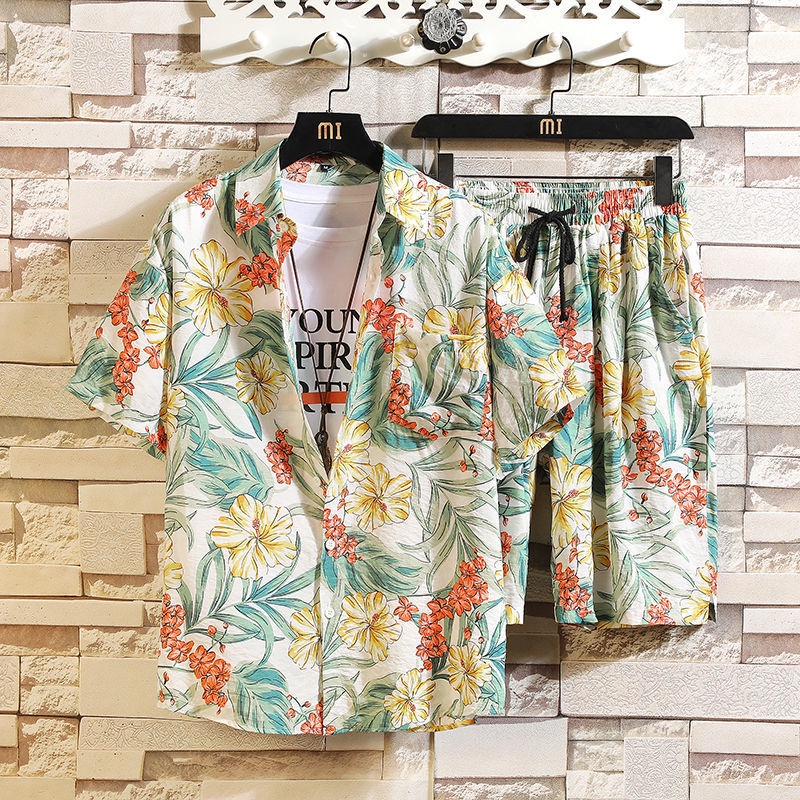 Set áo sơ mi ngắn tay + quần short đi biển in họa tiết hoa khô nhanh thời trang mùa hè cho nam