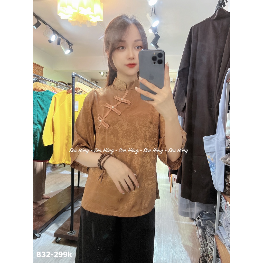 [Sen Hồng] ĐỒ ĐI CHÙA NỮ CỔ TÀU - bộ quần áo Phật tử cách tân cài chéo # đồ lam vải lụa gấm vân hoa cỏ B32