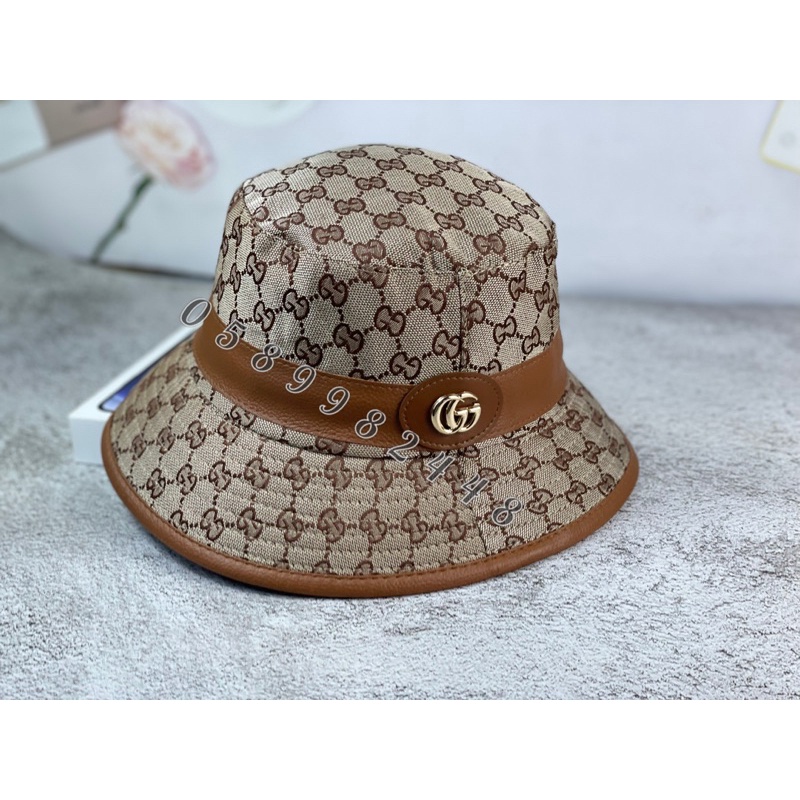 Mũ bucket tai bèo viền da gg cực chất