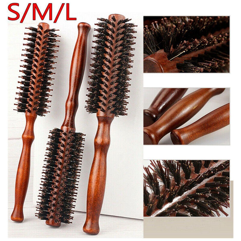 OKDEALS Lady Boar Bristle Round Brush Handle Styling Brush Round Hair Brush Beauty Portable Wooden Hairdressing Tool Hairbrush