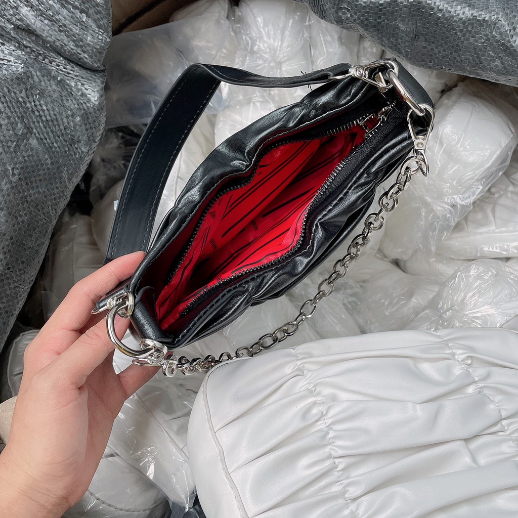 Túi đeo vai kẹp nách nữ xách tay da mềm xếp ly phối xích thời trang đi chơi giá rẻ DIOMI