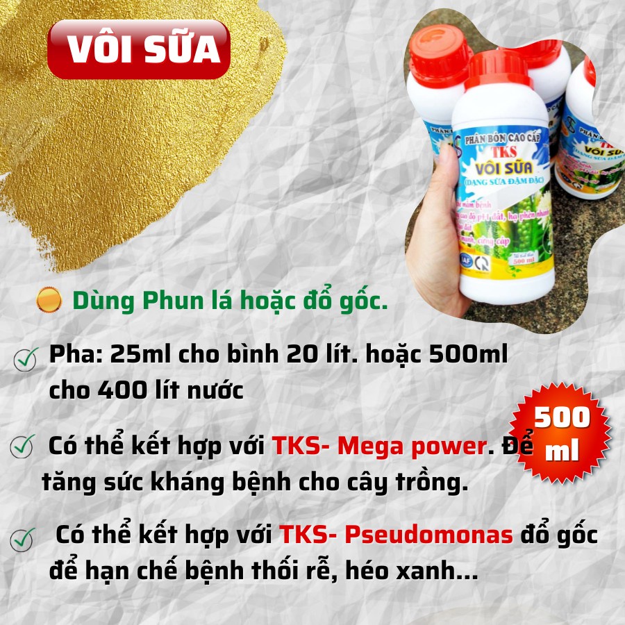 TKS-VÔI SỮA 500ml Nâng pH, Hạ Phèn, Diệt Khuẩn, Rửa Vườn - Chai 500ml