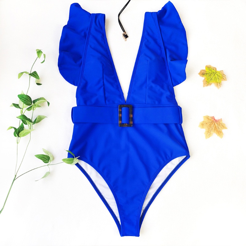 Xiangbao Bikini Không Tay Nhún Bèo Cổ Chữ V Sâu Hở Lưng Màu Trơn Eo Cao Có Khóa Cài Cho Nữ