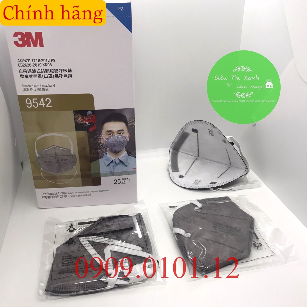 khẩu trang 3m 9542 chính hãng, khẩu trang n95 cao cấp đệm mũi lọc than hoạt tính tiệt trùng đóng bịch kín riêng từng cái