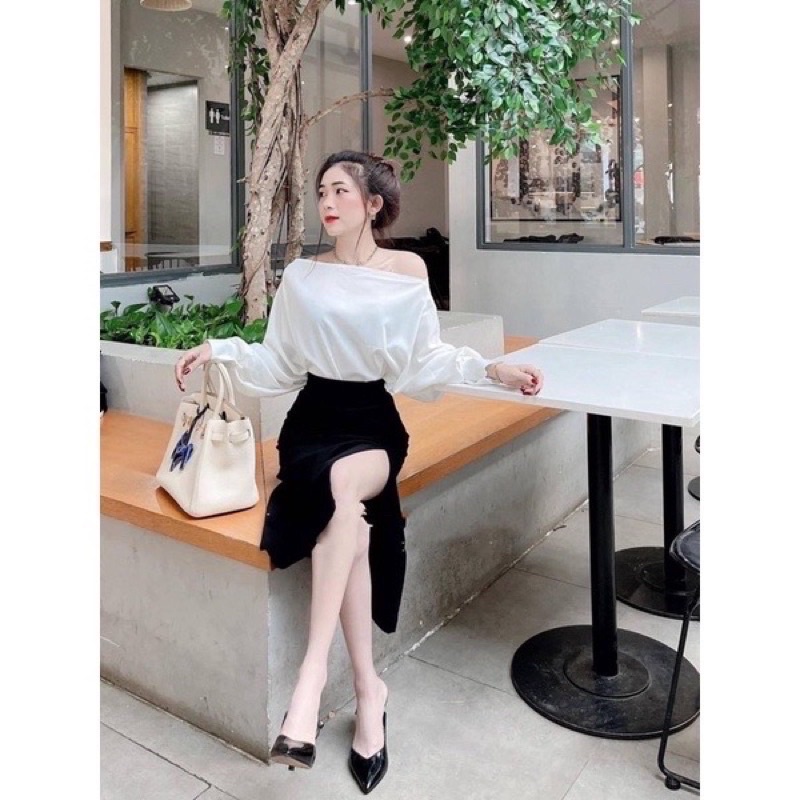 ✔️Set Váy Xẻ Tà + Croptop Tay Dài Trơn