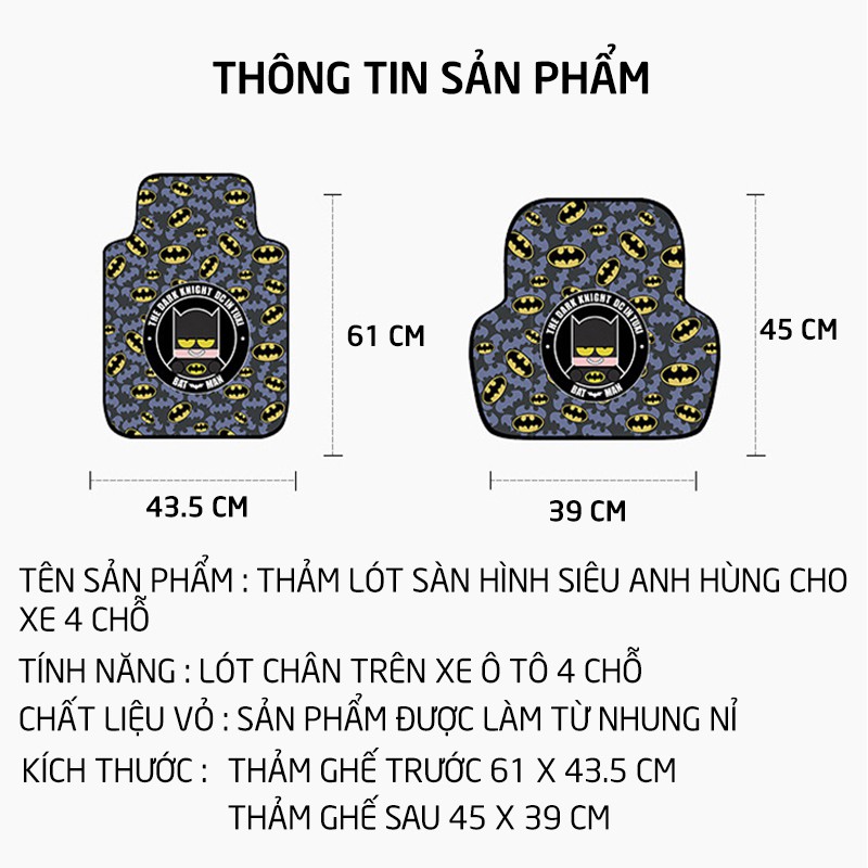 Thảm lót sàn xe ô tô trọn bộ 04 miếng chất liệu nỉ nhung họa tiết hình siêu anh hùng dễ thương chống trơn trượt cao cấp