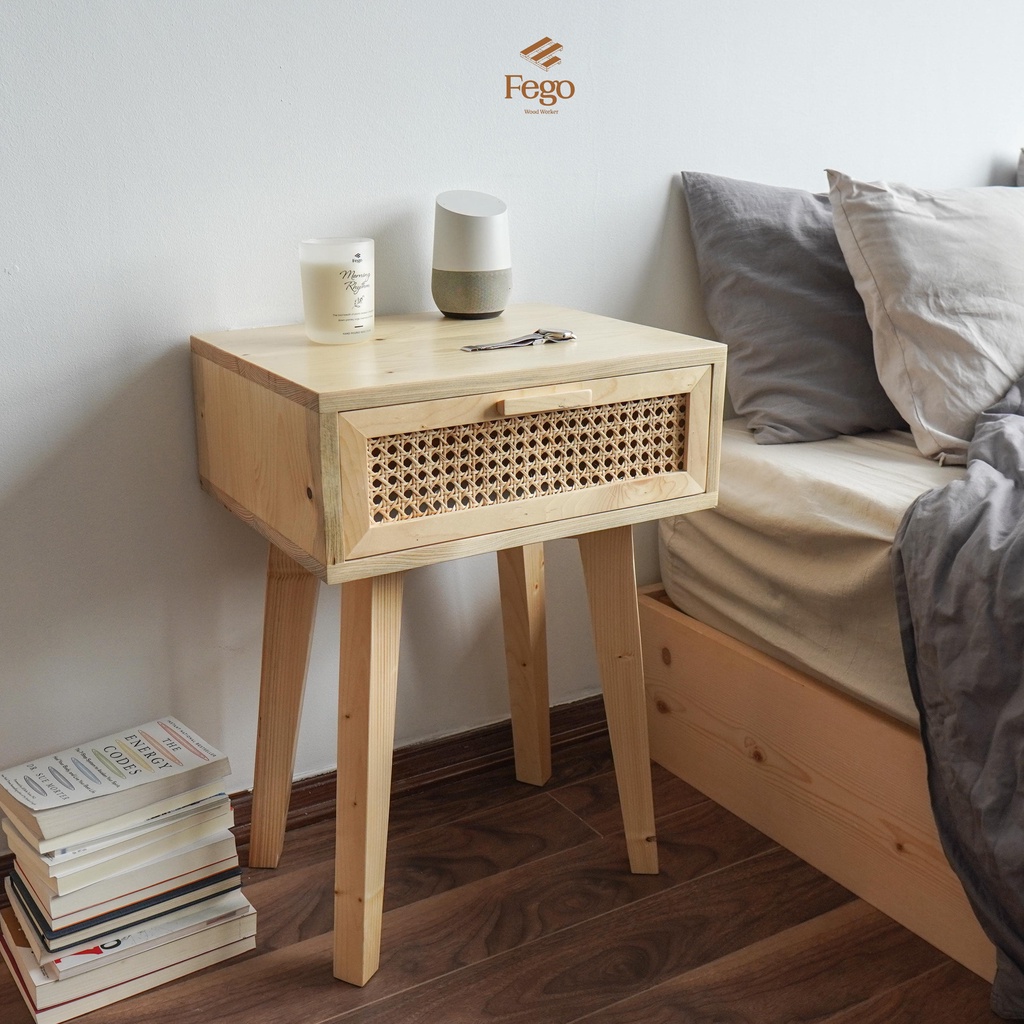 Kệ tab đầu giường gỗ tự nhiên mây đan FEGO có ngăn kéo trang trí phòng ngủ, phòng khách