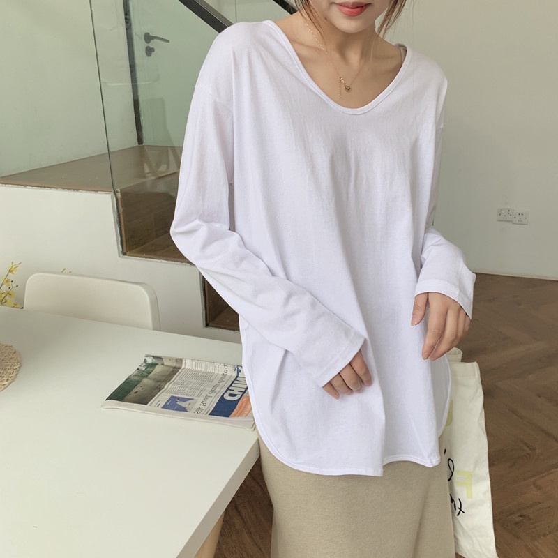 Áo thun dài tay cổ chữ v màu trơn thiết kế mới thời trang theo phong cách hàn quốc