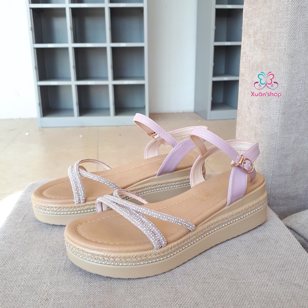 Giày sandal Dusto quai chéo phủ ánh kim, đế xuồng cao 4.5cm (size 37, 39)