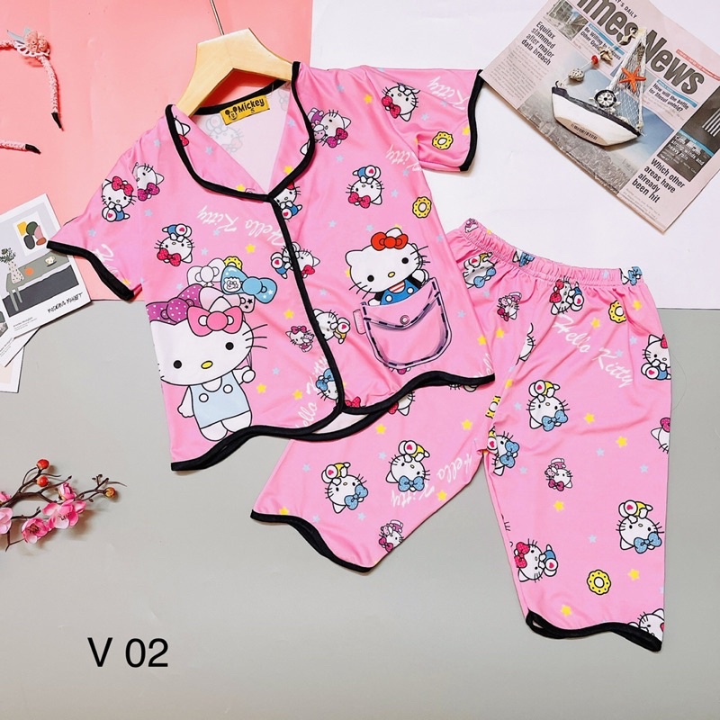 Đồ bộ pijama lửng bé gái thun lạnh 3D co giãn 4 chiều mềm mát mặc nhà mặc ngủ in hình dễ thương 22-47kg