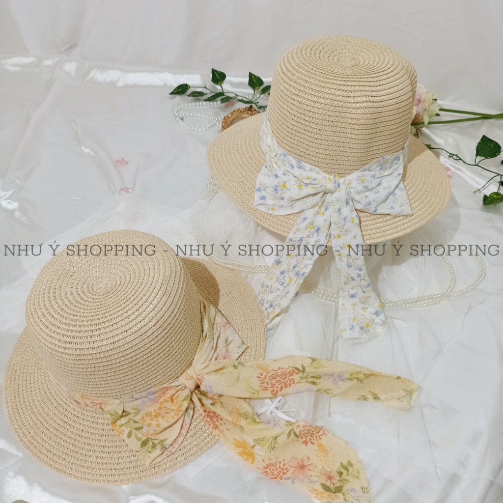 Nón cói,mũ cói nữ đi biển vành nhỏ phối nơ vải nhiều màu phong cách vintage-q12 vành nhỏ nơ NM