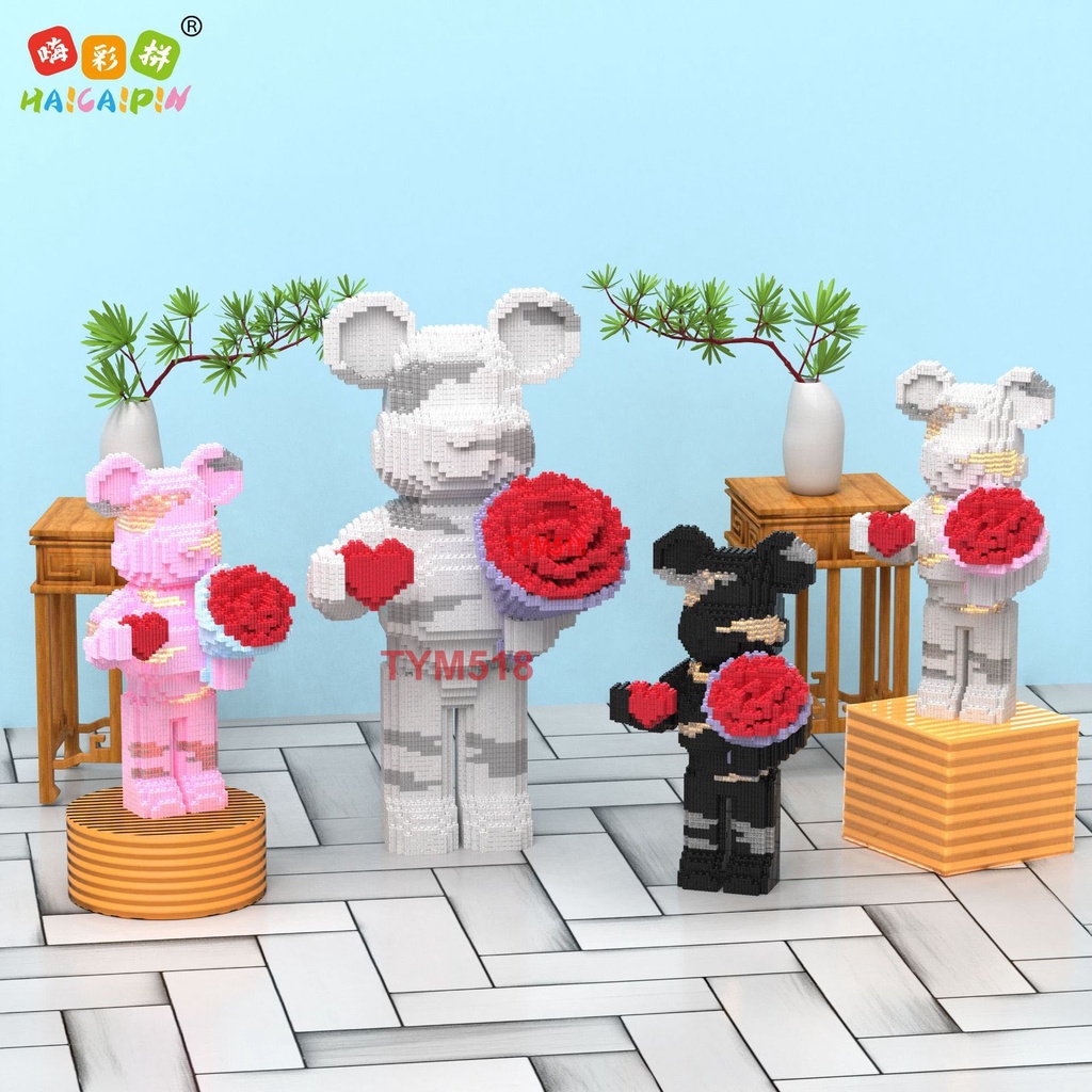 Xếp hình Gấu Bearbrick ôm hoa cầm hoa 35cm Đồ chơi lắp ráp mô hình cỡ lớn bear bricK cho bé