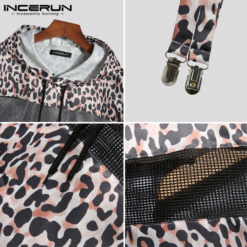 Áo thun vải lưới INCERUN không tay có mũ trùm đầu họa tiết da báo cho nam