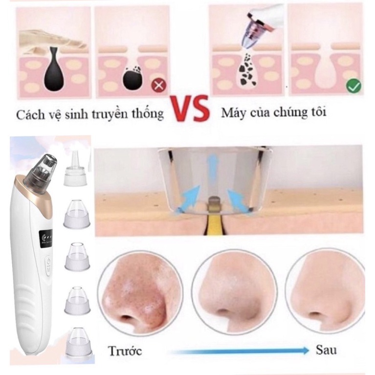 Máy Hút Mụn - Máy Hút Mụn Đầu Đen màn hình led,sạc pin 5 đầu hút SIÊU MẠNH