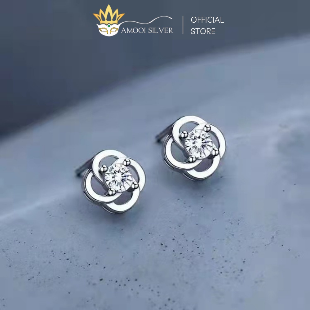 Bông Tai Bạc S925 Đính Đá Mẫu Hoa Mai 4 Cánh Ngọc Ngà - Amooi Silver AB94
