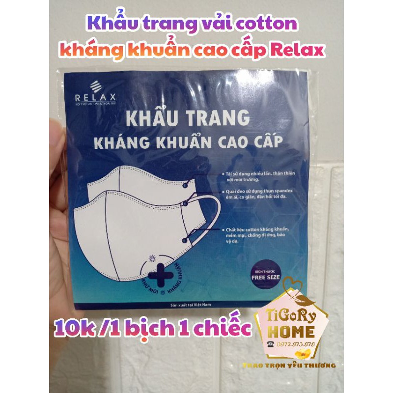 Khẩu trang vải Cotton cao cấp thương hiệu Relax 2 lớp kháng khuẩn, khử mùi