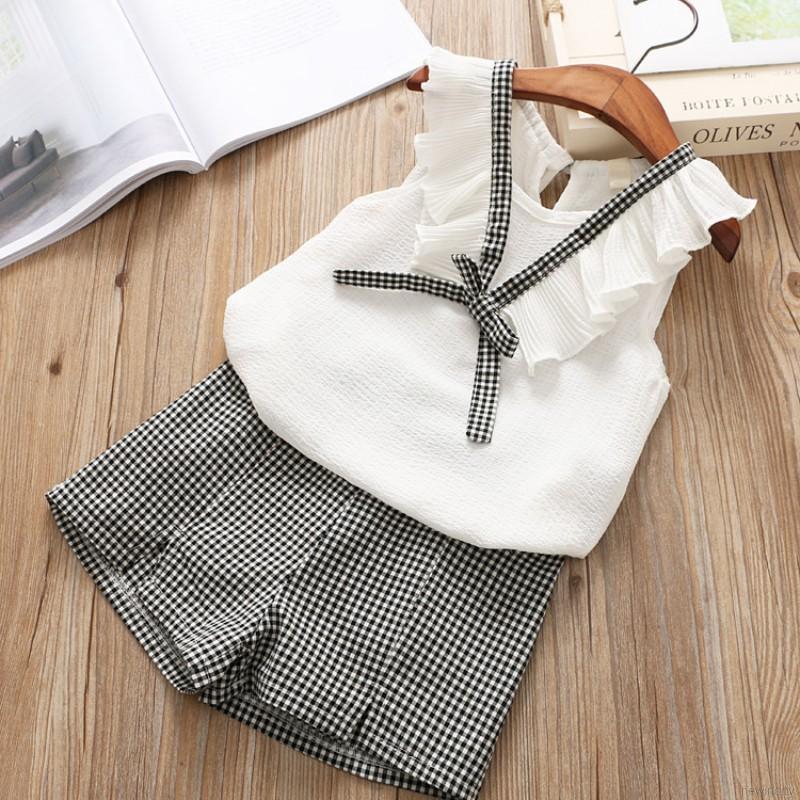 Summer Kids Girls Set Chiffon Vest Tops + Striped Shorts Pants 2Pcs/Set