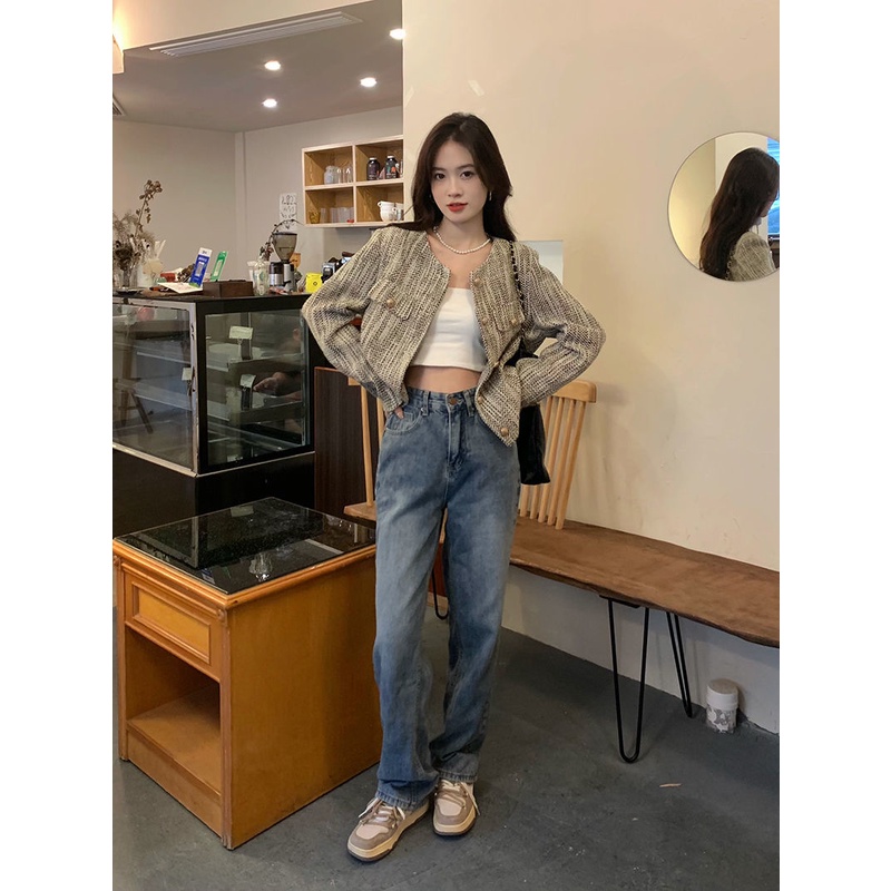 Aó khoác dạ TWEED nữ tay dài dáng ngắn kiểu croptop mỏng thu đông sang