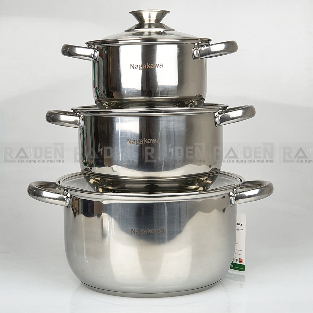Bộ nồi inox 3 cái, thiết kế 4 đáy Nagakawa NAG1304 sử dụng được trên bếp từ