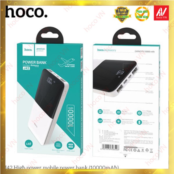 Pin sạc dự phòng Hoco J42 10.000 mAh sạc được 2 thiết bị cùng lúc, màn hinh hiển thị thông số, đầu vào Micro-USB/Type-C