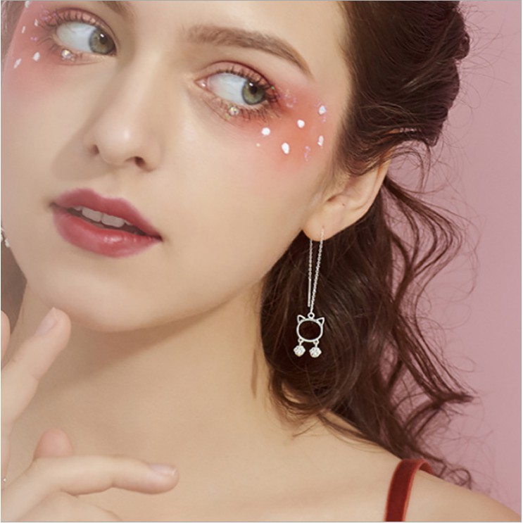 Bông Tai Bac 925 Dành Cho Nữ Dáng Dài Hình Mèo Cute B2445 - Bảo Ngọc Jewelry