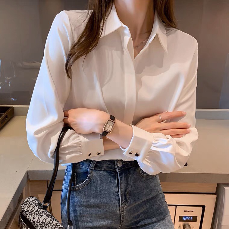 Áo sơ mi công sở nữ dài tay đẹp kiểu hàn quốc ulzzang màu trắng chất lụa cao cấp sang trọng form rộng bigsize mặc đi làm