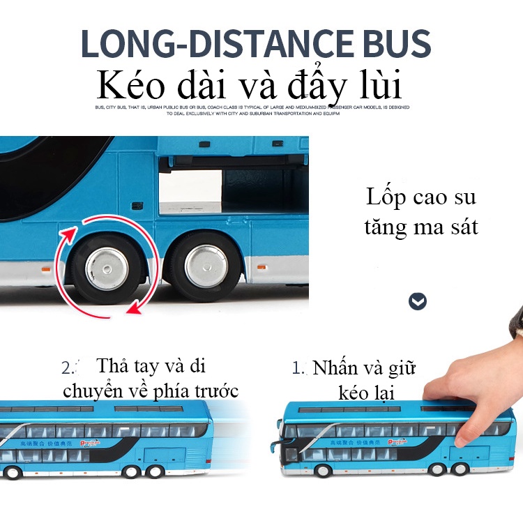 Mô hình xe bus 2 tầng đường dài KAVY chở khách bằng hợp kim có nhạc và đèn mở được tất cả cánh cửa chạy cót