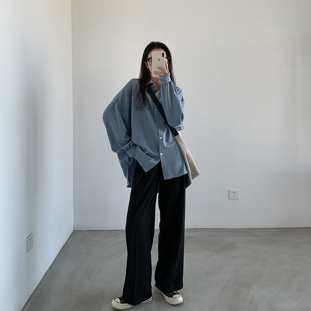 Áo Sơ Mi Khoác Ngoài Tay Dài Dáng Rộng Màu Trơn Thời Trang Cho Nữ