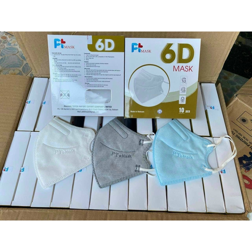 Sỉ thùng 500 cái khẩu trang 6D PT chính hãng Phương Tuyến màu xám, trắng, đen- Tân Bình