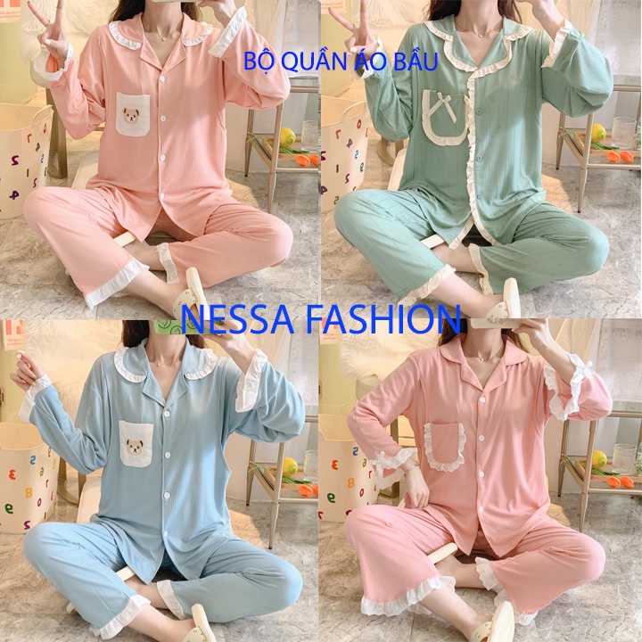Quần Áo Bộ Đồ Bầu Nữ Mặc Ở Nhà Sau Sinh Cho Con Bú Ti Vải Co Giãn Cotton 4 Chiều Dài Tay Pijama Xuân Hè Thu Đông BOBAU07