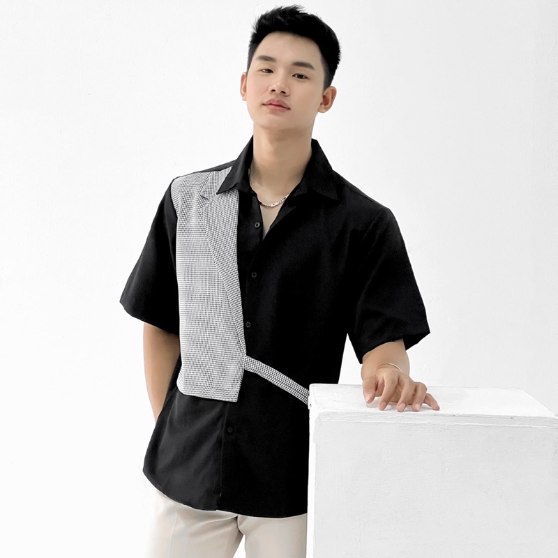 Áo Sơ Mi Tay Ngắn Nam Trắng/Đen Phối Vest Đen Premium Unisex Chất Vải Dày Đẹp Mr Smile 99 Shop